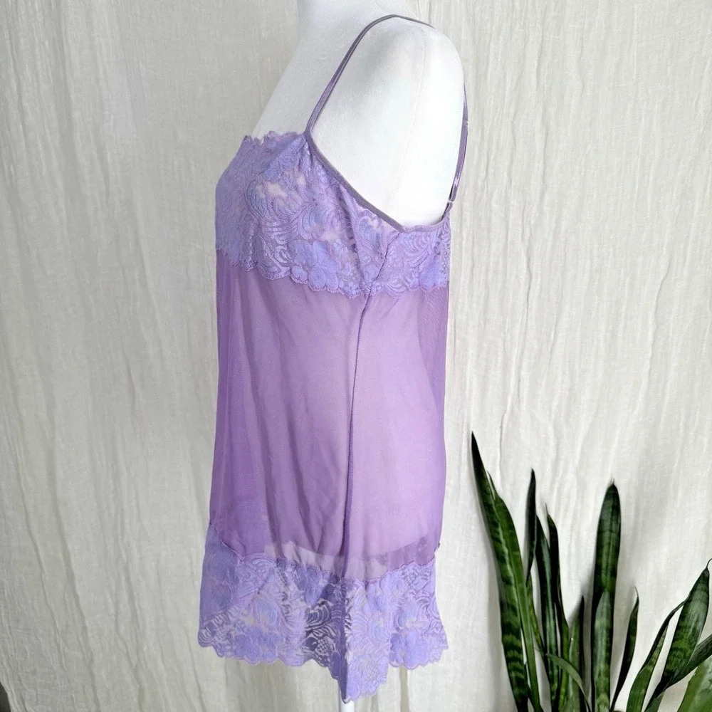 Purple Y2K Sheer Mesh Slip Mini Dress S Coquette Fairy Babydoll Lace Trim Cami